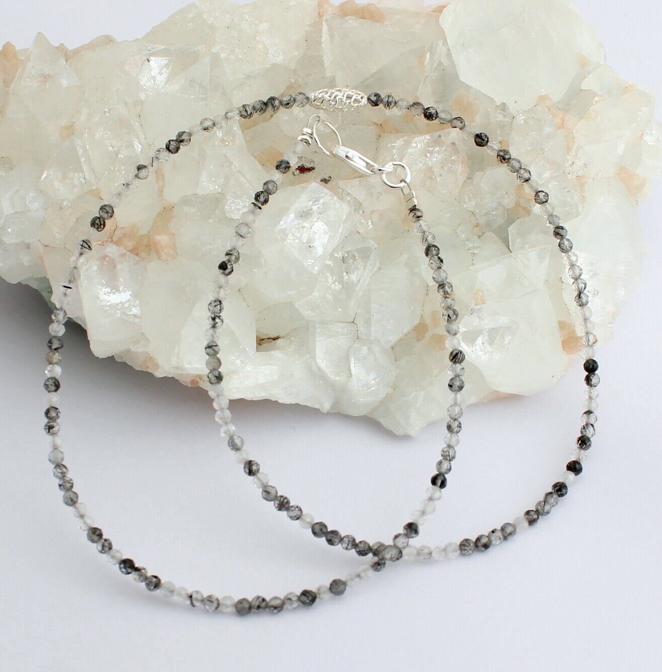 Turmalinquarz (Bergkristall mit Schörl) Halskette in 925 Silber Verschluss