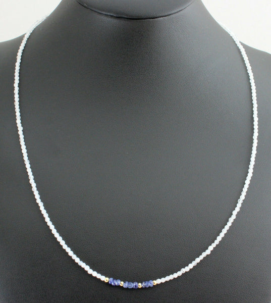 Regenbogen Mondstein mit Saphir Halskette in 925 Silber Verschluss Facettiert