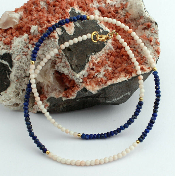 Koralle und Lapis Halskette in Hartvergoldet 925 Silber Verschluss