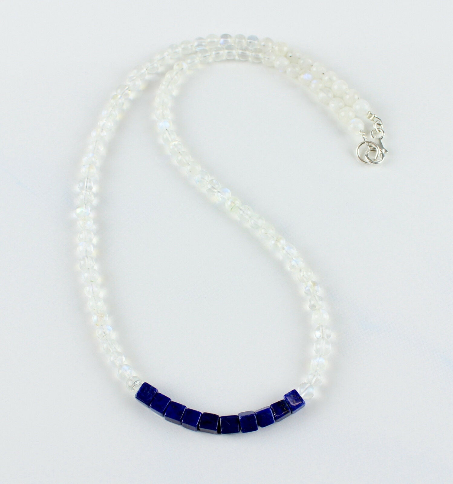 Regenbogen Mondstein mit Lapis Lazuli Halskette in 925 Silber Verschluss
