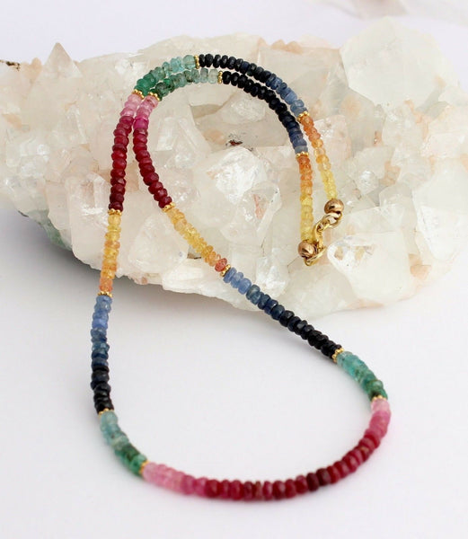 RUBIN SAPHIR SMARAGD Kette edelsteinkette Regenbogenkette Halskette Bunt - farbe
