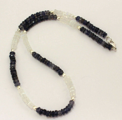 Edle Regenbogen Mondstein Kette mit Iolith Blau facettierte Damen Halskette 46cm