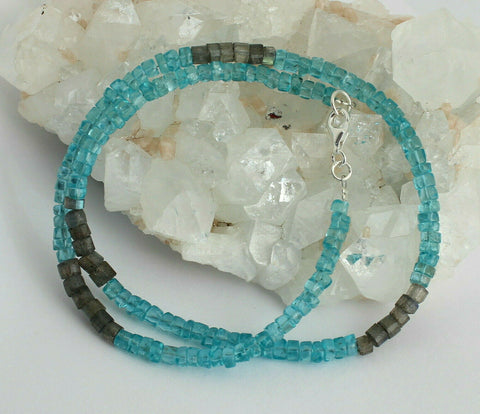 Neon Apatit und Labradorit Kette Edelsteinkette Türkisblau Damen Collier 46 cm